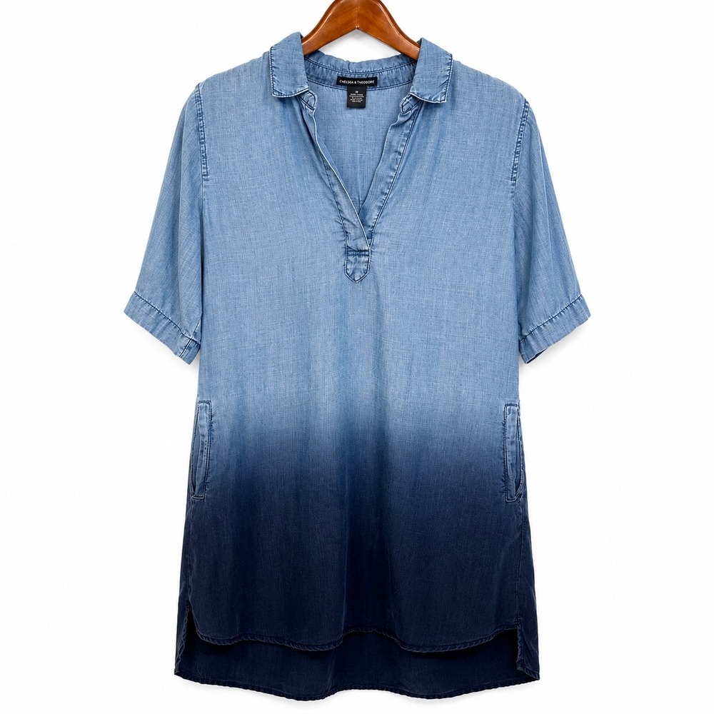 Chelsea & Theodore Blue Ombre Tencel Shirt Dress Short Sleeve Pockets Medium